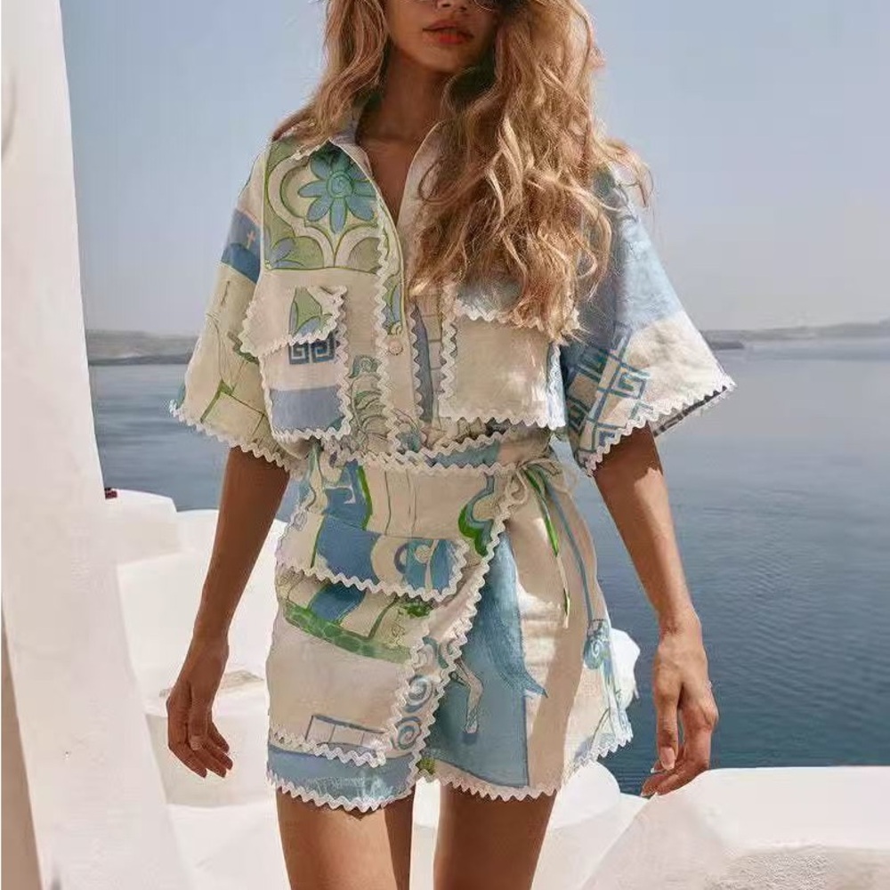 Zimmermann Floral Patchwork Tie-Waist Romper in Blue & Cream